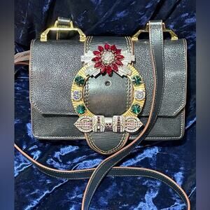 Miu Miu Rhinestone Floral Black Leather shoulder bag / Cross Body Bag with COA